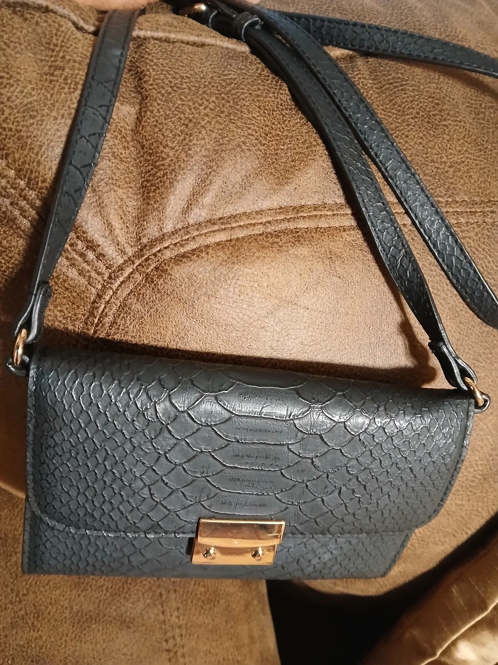 Textured Black Crossbody with Gold-Tone Lock